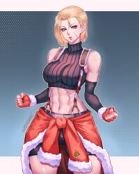 Rule 34 | 1girl, abs, bare shoulders, blonde hair, blue eyes, breasts, cammy white, christmas, clothes around waist, crop top, fingerless gloves, gloves, highres, large breasts, lips, luchidart, scar, scar on face, short hair, shorts, street fighter, street fighter 6, sweater, sweater around waist