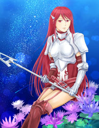 Rule 34 | 1girl, armor, boobplate, boots, breastplate, cordelia (fire emblem), fire emblem, fire emblem awakening, flower, garter straps, gauntlets, holding, holding polearm, holding spear, holding weapon, lily pad, long hair, looking at viewer, nintendo, pauldrons, polearm, red eyes, red hair, shoulder armor, sitting, sky, smile, solo, spear, star (sky), starry sky, thighhighs, very long hair, weapon