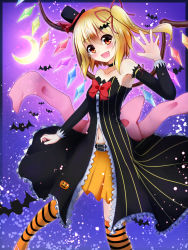 Rule 34 | 1girl, bat (animal), blonde hair, crescent moon, fang, flandre scarlet, hair ribbon, halloween, hat, highres, mini hat, mini top hat, miniskirt, moon, open hand, red eyes, ribbon, side ponytail, skirt, solo, striped clothes, striped legwear, striped thighhighs, thighhighs, top hat, touhou, wings, ymd (holudoun)