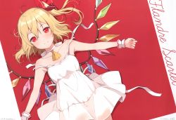 Rule 34 | 1girl, 6u (eternal land), absurdres, alternate costume, ascot, bare arms, bare shoulders, blonde hair, blush, character name, choker, collarbone, cowboy shot, crystal, dress, flandre scarlet, hair between eyes, hair ribbon, highres, huge filesize, looking at viewer, lying, no headwear, on back, one side up, page number, red background, red eyes, red ribbon, ribbon, scan, shadow, short hair, smile, solo, strap slip, touhou, two-tone background, white background, white choker, white dress, wings, wrist cuffs, yellow ascot
