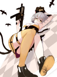 Rule 34 | 1girl, animal ears, armpits, black panties, breasts, cat ears, girls&#039; frontline, glasses, gun, hand on weapon, highres, holding, holding weapon, looking at viewer, lumo 1121, lying, medium breasts, medium hair, official alternate costume, on back, on floor, panties, pantyshot, shoes, silver hair, single thighhigh, solo, thighhighs, underwear, vector (girls&#039; frontline), vector (kitty paws) (girls&#039; frontline), weapon, yellow eyes, yellow thighhighs