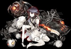 Rule 34 | 10s, 2girls, abyssal ship, abyssal twin princess (black), abyssal twin princesses, akira (kadokawa), angry, black background, black hair, clenched teeth, cradling, damaged, dying, kantai collection, looking at viewer, machinery, multiple girls, night strait princess (white), official art, oxygen mask, teeth, white hair