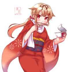 Rule 34 | 10s, 1girl, bow, chopsticks, cup ramen, dated, donbee (food), donbei tempura soba, furisode, hair bow, hair flaps, hair ornament, hair ribbon, hairclip, highres, holding, instant ramen, instant soba, japanese clothes, kanon (kurogane knights), kantai collection, kimono, light brown hair, long hair, looking at viewer, mouth hold, nissin donbei, red eyes, ribbon, scarf, sketch, solo, yuudachi (kancolle), yuudachi kai ni (kancolle)