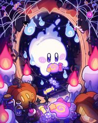 Rule 34 | blush, bug, candle, candy, commentary, food, food in mouth, ghost, ghost kirby, halloween, harukui, highres, jack-o&#039;-lantern, jar, kirby, kirby (series), lollipop, mirror, muffin, nintendo, no humans, silk, spider, spider web