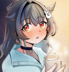 Rule 34 | 1girl, alternate costume, alternate hairstyle, artist name, black choker, black hair, blue shirt, choker, commentary request, dated, hair down, hair flaps, hair ornament, hairclip, jingei (kancolle), kantai collection, kirisawa juuzou, long hair, looking at viewer, red eyes, searchlight, shirt, solo, upper body