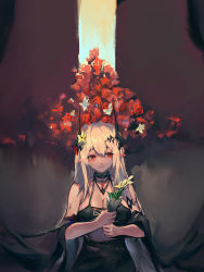 Rule 34 | 1girl, absurdres, arknights, armlet, bare shoulders, bikini, black bikini, breasts, cleavage, closed mouth, collar, flower, furioso, grey hair, hair flower, hair ornament, highres, holding, holding flower, infection monitor (arknights), jewelry, large breasts, long hair, looking at viewer, material growth, mudrock (arknights), mudrock (silent night) (arknights), necklace, official alternate costume, oripathy lesion (arknights), pointy ears, red eyes, red flower, sarong, smile, solo, swimsuit, upper body, yellow flower