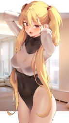 Rule 34 | 1girl, :d, absurdres, arms behind head, arms up, black leotard, blonde hair, bra strap, breasts, collarbone, covered navel, cowboy shot, crop top, fang, hair bobbles, hair ornament, heattech leotard, highleg, highleg leotard, highres, k pring, leotard, leotard under clothes, long hair, long sleeves, looking at viewer, medium breasts, open mouth, original, red eyes, shirt, smile, solo, standing, sweat, thighs, turtleneck, twintails, very long hair, white shirt