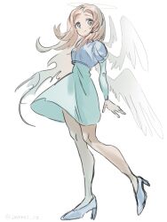 1girl angel angel_wings blonde_hair blue_dress blue_eyes blue_footwear blue_hairband closed_mouth commentary dress english_commentary feathered_wings full_body hairband halo high_heels highres jmmre1 long_hair long_sleeves maria_robotnik multiple_wings simple_background smile solo sonic_(series) standing white_background white_wings wings