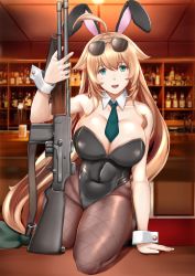 Rule 34 | 1girl, absurdres, ahoge, animal ears, aqua eyes, aqua neckwear, arm support, automatic rifle, bar (place), blonde hair, blush, breasts, chiyo goya, cleavage, collarbone, covered navel, detached collar, eyewear on head, fake animal ears, fishnet pantyhose, fishnets, girls&#039; frontline, gun, hair flaps, highres, holding, holding weapon, indoors, kneeling, large breasts, leotard, light machine gun, long hair, looking at viewer, m1918 (bunny girl) (girls&#039; frontline), m1918 (girls&#039; frontline), m1918 bar, machine gun, official alternate costume, open mouth, pantyhose, playboy bunny, solo, squad automatic weapon, sunglasses, very long hair, weapon, wrist cuffs