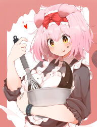 Rule 34 | 1girl, :q, absurdres, animal ears, arknights, black shirt, blush, bowl, cat ears, chocolate, chocolate on face, closed mouth, collared shirt, commentary request, food, food on face, goldenglow (arknights), hair between eyes, heart, highres, holding, holding bowl, holding whisk, infection monitor (arknights), long sleeves, looking down, medium hair, orange eyes, pcaccount13, pink hair, shirt, sidelocks, smile, solo, tongue, tongue out, upper body, v-shaped eyebrows, whisk, whisking