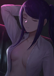 Rule 34 | 1girl, arm behind head, arm up, bangs, breasts, cleavage, collarbone, collared shirt, dress shirt, eyes closed, highres, jill stingray, long hair, long sleeves, medium breasts, mixed-language commentary, naked shirt, no bra, parted lips, purple hair, selcky, shirt, sidelocks, smile, solo, swept bangs, twintails, unbuttoned, unbuttoned shirt, upper body, va-11 hall-a, white shirt