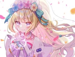 Rule 34 | 1girl, absurdres, back bow, blonde hair, blue eyes, blush, bow, brooch, closed mouth, cure finale, cure finale (party up style), delicious party precure, dot nose, flower, gloves, green bow, hair bow, hair flower, hair ornament, hands on own chest, highres, hiiragi syuu, jewelry, kasai amane, long hair, looking at viewer, magical girl, petals, precure, simple background, smile, solo, twitter username, upper body, veil, white background, white bow, white gloves