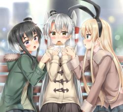 Rule 34 | 10s, 3girls, alternate costume, amatsukaze (kancolle), bench, blurry, blush, brown eyes, casual, chestnut mouth, coat, contemporary, depth of field, food, gradient hair, grey eyes, hair tubes, hairband, holding, kantai collection, light brown hair, long hair, looking at viewer, multicolored hair, multiple girls, nedia (nedia region), open mouth, pantyhose, park bench, pleated skirt, shimakaze (kancolle), short hair, silver hair, sitting, skirt, steam, sweat, tokitsukaze (kancolle), two side up, winter clothes, winter coat