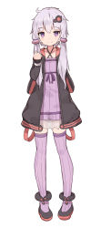 Rule 34 | 1girl, animal hood, dress, full body, hair ornament, highres, hood, hood down, hooded jacket, hoodie, jacket, long hair, low twintails, open clothes, open hoodie, purple dress, purple eyes, purple hair, purple thighhighs, rabbit hood, shone, simple background, smile, solo, thighhighs, twintails, vocaloid, voiceroid, white background, yuzuki yukari