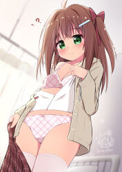 Rule 34 | 1girl, ?, ahoge, bare shoulders, blonde dog girl (ri-net), blush, bow, bow bra, bow panties, bra, breasts, brown bow, brown hair, brown jacket, brown skirt, character watermark, cleavage, closed mouth, clothes pull, collarbone, commentary request, drawstring, green eyes, hair bow, hair intakes, hair ornament, hairclip, highres, hood, hood down, hooded jacket, indoors, jacket, long hair, off shoulder, open clothes, open jacket, original, panties, pink bra, pink panties, plaid, plaid bra, plaid panties, plaid skirt, ri-net, shirt, skirt, skirt pull, small breasts, smile, solo, standing, sweat, thighhighs, twitter username, two side up, underwear, white shirt, white thighhighs