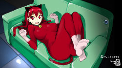 Rule 34 | 1girl, animal costume, animal ears, ass, bad id, bad pixiv id, bell, bodysuit, breasts, cat costume, collar, couch, feet, gloves, highres, large breasts, long hair, lying, mori hikiko, neck bell, original, paw pose, red eyes, red hair, socks, solo, tail, takayama toshinori, wallpaper