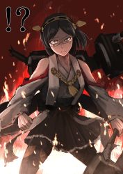 Rule 34 | !?, 10s, 1girl, anger vein, black hair, broken eyewear, constricted pupils, damaged, fire, frills, glasses, hairband, hetza (hellshock), japanese clothes, kantai collection, kirishima (kancolle), miko, pantyhose, personification, raised eyebrow, skirt, solo, thighhighs, torn clothes