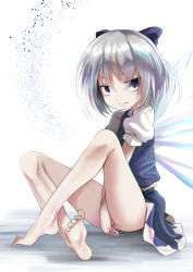 Rule 34 | 1girl, bare legs, blue dress, blue eyes, blue hair, bow, cirno, commentary, dress, feet, frown, hair bow, highres, kurona, looking at viewer, no panties, short hair, solo, touhou, wings