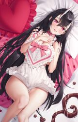 Rule 34 | 1girl, apron, bare arms, belt buckle, belt collar, black hair, bow, breasts, buckle, chocolate, cleavage, collar, commentary request, demon girl, frilled apron, frilled pillow, frills, hair between eyes, hands up, head on pillow, heart, heart-shaped pupils, heart-shaped pillow, highres, horns, knee up, large breasts, long hair, looking at viewer, lying, mole, mole under eye, nail polish, on back, on bed, oni, oni horns, original, parted lips, petals, pillow, pink bow, pink collar, pink hair, red nails, silver tokki, solo, symbol-shaped pupils, valentine, very long hair, white apron