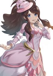 Rule 34 | 1girl, absurdres, blue eyes, brown hair, collarbone, commentary, creatures (company), dress, eyelashes, game freak, hand up, hat, high ponytail, highres, hilda (pokemon), hilda (special costume) (pokemon), long hair, long sleeves, nintendo, official alternate costume, open mouth, pink dress, pink hat, pokemon, pokemon masters ex, sidelocks, simple background, solo, teeth, uha, upper teeth only, white background