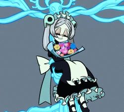 Rule 34 | 1girl, animated, apron, birthday, bloody marie (skullgirls), blue background, bouquet, brooch, closed eyes, dress, flower, frilled apron, frilled dress, frills, grey hair, hair ornament, jewelry, kuroirozuki, lowres, maid headdress, mary janes, pantyhose, red eyes, shoes, skull hair ornament, skullgirls, smile, solo, twintails, video