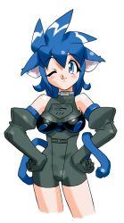 Rule 34 | 32 idol saturn-chan, animal ears, black gloves, blue eyes, blue hair, blush, bodysuit, cat ears, cat tail, cropped jacket, elbow gloves, facing viewer, game console, gloves, hands on own hips, long hair, looking at viewer, non-web source, one eye closed, personification, product girl, saturn (32 idol saturn-chan), sega saturn, simple background, smile, tail, white background, yoshizaki mine
