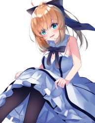 Rule 34 | 1girl, :d, absurdres, ahoge, artoria pendragon (all), artoria pendragon (fate), bare arms, bare shoulders, black bow, blue eyes, blush, bow, breasts, brown hair, brown pantyhose, cleavage, commentary request, dress, fate/unlimited codes, fate (series), frilled dress, frills, hair between eyes, hair bow, head tilt, high ponytail, highres, long hair, looking at viewer, medium breasts, open mouth, pantyhose, ponytail, saber lily, simple background, sitting, sleeveless, sleeveless dress, smile, solo, suisen-21, white background, white dress
