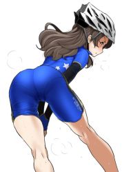 Rule 34 | 10s, 1girl, :o, ass, bare legs, bent over, bicycle helmet, bike shorts, biker clothes, blush, brown eyes, brown hair, clothes writing, helmet, idolmaster, idolmaster million live!, kitazawa shiho, long hair, namidate, original, own hands together, pantylines, parted lips, shade, skin tight, solo, star (symbol), star print, sweat, thighs, v arms