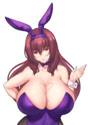 Rule 34 | 1girl, animal ears, aster crowley, bare shoulders, blush, breasts, cleavage, collarbone, detached collar, fake animal ears, fate/grand order, fate (series), fishnet pantyhose, fishnets, highres, huge breasts, leotard, long hair, looking at viewer, pantyhose, purple hair, purple leotard, rabbit ears, red eyes, scathach (fate), scathach (piercing bunny) (fate), smile, solo, wrist cuffs