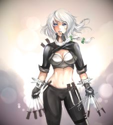 Rule 34 | 1girl, between fingers, blue eyes, bow, bracelet, braid, breasts, cleavage, cleavage cutout, clothing cutout, contrapposto, cosplay, dated, detached sleeves, dual wielding, female focus, fusion, hair bow, hannah santos, highres, holding, izayoi sakuya, jewelry, katarina (league of legends), katarina du couteau (cosplay), knife, league of legends, midriff, pants, scar, shrug (clothing), signature, solo, spiked bracelet, spikes, standing, touhou, twin braids, white hair