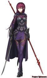 Rule 34 | 1girl, alternate costume, alternate species, armor, armored boots, artist request, bad id, bad twitter id, bodysuit, bodysuit under armor, boots, braid, breastplate, breasts, cape, fate/grand order, fate (series), gauntlets, gloves, highres, holding, holding polearm, holding sword, holding weapon, lance, long hair, medium breasts, non-web source, pointy ears, polearm, purple hair, red eyes, scathach (fate), shoulder armor, skirt, solo, source request, sword, thighhighs, very long hair, weapon