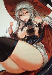 Rule 34 | 10s, 1girl, artist request, bare shoulders, black thighhighs, blush, breasts, clothes lift, detached sleeves, diaper, dress, dress lift, granblue fantasy, hair between eyes, hat, highres, large breasts, long hair, magisa (granblue fantasy), moire, pacifier, photo (medium), red eyes, saliva, sideboob, silver hair, simple background, solo, thighhighs, white background, witch hat
