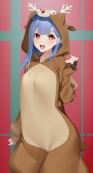 Rule 34 | 1girl, :d, animal costume, animal ears, animal hood, black gloves, blue hair, commentary request, deer tail, fake antlers, fake tail, fingerless gloves, gloves, hand up, highres, hood, hood up, kuen (kuennn12), long hair, long sleeves, looking at viewer, open mouth, plivyou, red eyes, red nose, reindeer costume, shikai yue, smile, solo, tail, teeth, upper teeth only, virtual youtuber