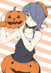 Rule 34 | 1girl, aged down, alternate costume, artist name, bare shoulders, black shirt, closed mouth, cosplay, dated, eyepatch, food, highres, holding, holding food, holding pumpkin, holding vegetable, kantai collection, libeccio (kancolle), libeccio (kancolle) (cosplay), pumpkin, purple hair, scrunchie, shirt, short hair, sleeveless, smile, solo, striped, striped background, taira yuuki, tenryuu (kancolle), vegetable, wrist scrunchie, yellow eyes