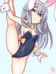 Rule 34 | 1girl, alternate costume, animal ears, bare legs, black leotard, blue eyes, blue hair, bow, bowtie, breasts, collarbone, covered navel, detached collar, fake animal ears, fake tail, hair between eyes, i-203 (kancolle), kanon (kurogane knights), kantai collection, leotard, light blue hair, long hair, looking at viewer, one-hour drawing challenge, playboy bunny, rabbit ears, rabbit tail, small breasts, solo, standing, standing on one leg, strapless, strapless leotard, tail, traditional bowtie, wrist cuffs