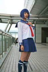 Rule 34 | ari (model), blue hair, busou renkin, cosplay, highres, kneehighs, photo (medium), school uniform, serafuku, socks, tsumura tokiko