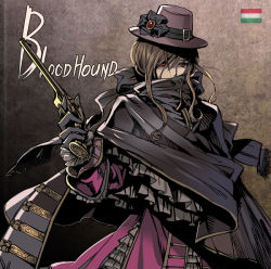 Rule 34 | 1girl, agasang, bow, brown hair, dress, frills, gathers, gloves, gun, hair bow, hat, long hair, original, personification, red eyes, solo, weapon