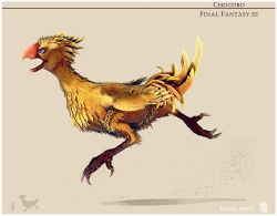 Rule 34 | 1990s (style), artist name, blue eyes, character name, chocobo, claws, commentary, copyright name, eden-west, final fantasy, final fantasy iii, height chart, highres, no humans, open mouth, running, solo