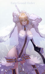 Rule 34 | 1girl, ahoge, armpits, arms behind head, artist name, belt, blonde hair, breasts, bridal veil, cleavage, commentary, contrapposto, detached sleeves, fate/grand order, fate (series), green eyes, hair between eyes, large breasts, leotard, long torso, march ab, nero claudius (bride) (fate), nero claudius (fate), nero claudius (fate) (all), parted lips, puffy sleeves, sidelocks, solo, standing, sword, thighhighs, veil, weapon, white belt, white leotard, white thighhighs, zipper, zipper legwear