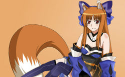 Rule 34 | 10s, 1girl, animal ears, bare shoulders, blue thighhighs, bow, brown hair, cosplay, detached collar, detached sleeves, drawfag, fate/extra, fate (series), hair bow, holo, red eyes, simple background, solo, spice and wolf, strapless, tail, tamamo (fate), tamamo cat (fate), tamamo no mae (fate/extra), tamamo no mae (fate/extra) (cosplay), thighhighs, wolf ears, wolf tail