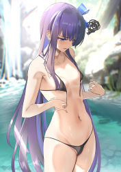 Rule 34 | 1girl, absurdres, bikini, black bikini, blue eyes, blue ribbon, breasts, collarbone, day, fate/grand order, fate (series), furrowed brow, grass, hair ribbon, has bad revision, has downscaled revision, highres, kesoshirou, long hair, looking down, md5 mismatch, meltryllis (fate), micro bikini, navel, outdoors, parted lips, purple hair, resolution mismatch, ribbon, rock, small breasts, solo, source smaller, spoken squiggle, squiggle, stomach, string bikini, sweatdrop, swimsuit, thighs, trembling, untied bikini, very long hair, wardrobe malfunction, water, waterfall
