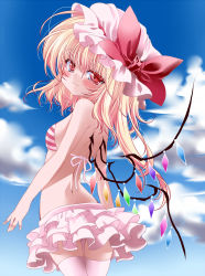 Rule 34 | 1girl, :3, alternate costume, back, bad id, bad pixiv id, bare shoulders, bikini, blonde hair, blue sky, blush, bow, cloud, day, female focus, flandre scarlet, frilled bikini, frills, hat, hat bow, head tilt, highres, looking at viewer, looking back, pink thighhighs, red eyes, seidou (tukinomiyako), short hair, side ponytail, skindentation, skirt, sky, smile, solo, striped bikini, striped clothes, swimsuit, thigh gap, thighhighs, touhou, white thighhighs, wings