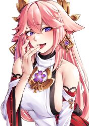 Rule 34 | 1girl, :d, absurdres, animal ears, bare shoulders, blush, breasts, commentary request, detached sleeves, fox ears, genshin impact, hand up, highres, large breasts, long hair, long sleeves, looking at viewer, nontraditional miko, open mouth, pink hair, purple eyes, pyeong-il pyeongil, shirt, simple background, sleeveless, sleeveless shirt, smile, solo, upper body, very long hair, white background, white shirt, yae miko