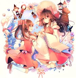 Rule 34 | 2girls, bare shoulders, bell, neck bell, bow, broom, brown eyes, brown hair, bug, butterfly, cat, character doll, collar, flower, gohei, hair bow, hair tubes, hakurei reimu, holding hands, hat, bug, kirero, kirisame marisa, kokeshi, lantern, long hair, long sleeves, moon, mother and daughter, multiple girls, open mouth, shirt, skirt, skirt set, smile, touhou, twintails, wide sleeves, witch hat