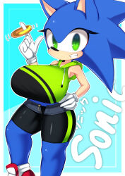 Rule 34 | 1girl, black shorts, blue background, breasts, eyelashes, fang, feet out of frame, female focus, furry, furry female, genderswap, genderswap (mtf), gloves, green eyes, hand on own hip, highres, hood, hoodie, huge breasts, japanese text, jewelry, looking at viewer, motion lines, open clothes, open shorts, outline, ring, sega, shiny clothes, shiny skin, shirt, shorts, simple background, sleeveless, sleeveless hoodie, smile, solo, sonic (series), sonic the hedgehog, taut clothes, taut shirt, teeth, thighs, white gloves, white outline, yasume (cheap melon soda)