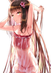 Rule 34 | 1girl, absurdres, animal ears, armpit crease, armpits, azur lane, bare shoulders, blunt bangs, blush, bra, breasts, brown hair, chemise, cowboy shot, denchu (kazudentyu), flower, fox ears, hair flower, hair ornament, hand in own hair, highres, hime cut, jewelry, lingerie, long hair, looking at viewer, midriff, nagato (azur lane), nagato (great fox&#039;s respite) (azur lane), navel, necklace, panties, red bra, red panties, see-through, sidelocks, simple background, small breasts, solo, spaghetti strap, strap slip, underwear, white background, yellow eyes