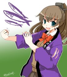 Rule 34 | blue eyes, brown hair, brown skirt, cardigan, clenched hand, commentary request, cowboy shot, fish, gradient background, green background, happi, japanese clothes, kanoe soushi, kantai collection, kumano (kancolle), long hair, one-hour drawing challenge, pleated skirt, ponytail, saury, school uniform, skirt, solo, trembling, white background
