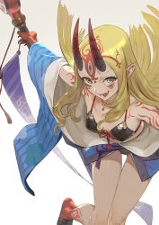 Rule 34 | 1girl, bikini, blonde hair, breasts, facial mark, fang, fang out, fate/grand order, fate (series), fingernails, forehead mark, front-tie top, highres, horns, ibaraki douji (fate), ibaraki douji (swimsuit lancer) (first ascension) (fate), japanese clothes, looking at viewer, nanbo ataru (attall), off shoulder, oni, oni horns, open mouth, pointy ears, sharp fingernails, swimsuit, tattoo, yellow eyes