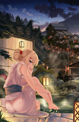 Rule 34 | 1girl, absurdres, akai haato, aqua eyes, armpit crease, armpits, ass, bare arms, bare legs, barefoot, bath, bathing, blonde hair, breasts, bridge, building, bush, cloud, commentary request, feet, fence, from behind, hair ornament, heart, heart hair ornament, highres, hololive, house, japanese clothes, lantern, large breasts, legs, long hair, looking at viewer, looking back, night, night sky, obi, one side up, onsen, outdoors, rock, sash, sitting, sky, snarkhunt, soaking feet, stairs, star (sky), starry sky, steam, towel, tree, virtual youtuber, water, water spring, wet, wet clothes