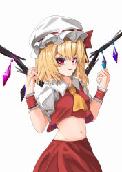 Rule 34 | 1girl, absurdres, ascot, blonde hair, crop top, crystal wings, flandre scarlet, hat, hat ribbon, highres, midriff, red eyes, red ribbon, red skirt, ribbon, simple background, skirt, smile, solo, touhou, white background, white mob cap, wrist cuffs, yellow ascot, z-02